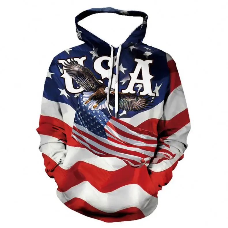 Hoodie motif desain elang bendera Amerika Serikat untuk pria mode tren olahraga Hoodie Pullover musim gugur musim dingin pakaian lengan panjang kustom grosir