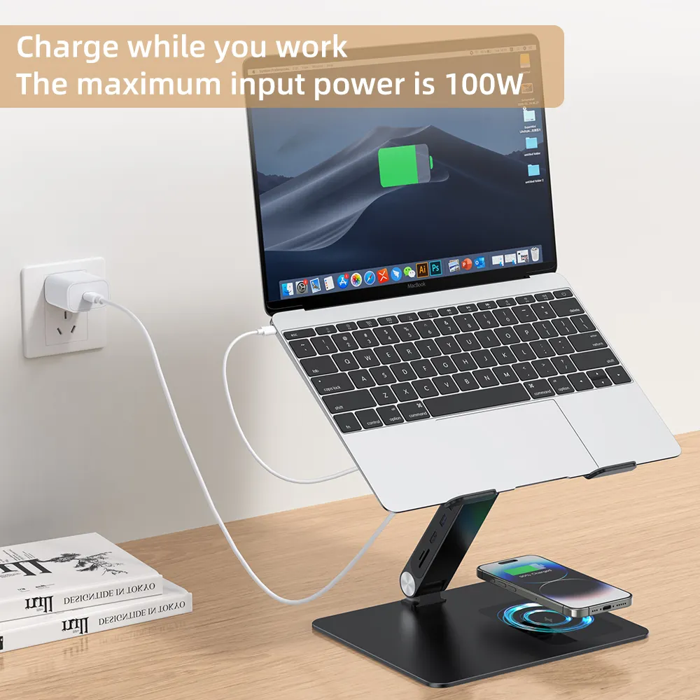 New Arrival 6 In 1 Angle Adjustable Computer Stand With Qi 15w Wireless Charger Ergonomic Folding Laptop Tablet With 4K HDMI