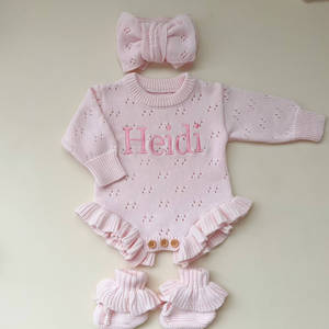Tutina Estiva in <span class=keywords><strong>Cotone</strong></span> Biologico con Ricamo a Limoni, Puntini e Volant, Personalizzabile, Abbigliamento in Maglia per Neonati - Product Image 3