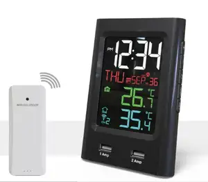 Indoor Outdoor Temperature Humidity With Dual USB Charging Clock Thermometer And Hygrometer