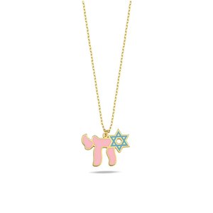 Amuleto Segno di Vita, Gioielli <span class=keywords><strong>Religiosi</strong></span> Ebraici, Collana con Pendente Stella di David Chai Placcato Oro e Smaltato - Product Image 2