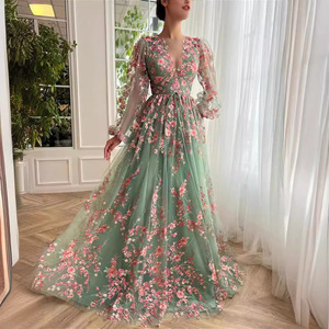 Trà Chiều dài <span class=keywords><strong>prom</strong></span> Dress chính thức hoa áo phồng tay áo dài thêu vải tuyn Evening Dresses - Product Image 1