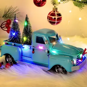 Ourwarm Navidad Biru Tua Led Truk Kerajinan Logam Retro Mobil Antik Selamat Natal Ornamen Kereta Api