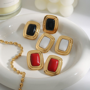 Fashion Stud <b>Earrings</b> 18K Gold Plated Stainless Steel Geometric Square Black Agate <b>Red</b> Inlay Bezel Setting - Product Image 2