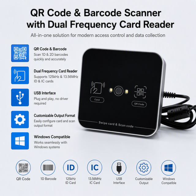 Desktop USB NFC Card Reader 125KHz 13.56MHz ID Card Reader IC EM M1 QR Code 1D 2D Barcode Scanner