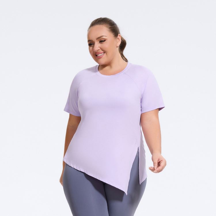 Breathable Women's Plus Size Pilates Training Top Slit Short-Sleeved Yoga T-Shirt Fitness Sportswear for Sports and Yoga
