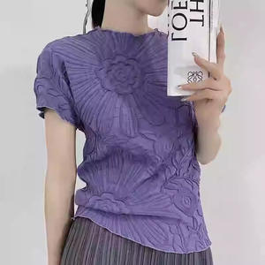 Women's Textured Floral Embossed 3D Flower <b>Top</b> Short Sleeve <b>Mock</b> <b>Neck</b> Casual Blouse T-Shirt Fashion - Product Image 4