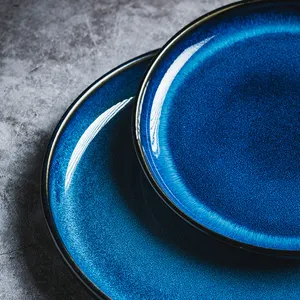 Vajilla de cerámica con gradiente de horno azul para el hogar, juego de platos de cena de porcelana para restaurante