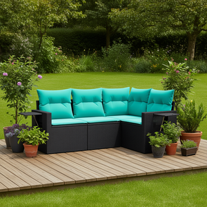 <b>Black</b> Pe Rattan Garden Sofa Set Powder Coated Steel <b>Frame</b> Outdoor Furniture 4 Seater - Product Image 2