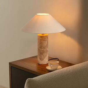Lampada da Tavolo a Colonna in Marmo Grigio con Ampia Paralume in Tessuto Affusolato per Camera da Letto, Comodino, Soggiorno e Progetti Alberghieri - Product Image 5
