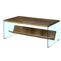 Table basse moderne et simple, table en verre transparent avec éléments en grain de bois, conception à double structure pour agrandir l'espace de stockage