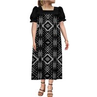 Nouveau design personnalisé Tapa polynésien imprimé micronésien Mumu robes femmes Stretch Mumus col carré manches bouffantes robe mi-longue bouffante