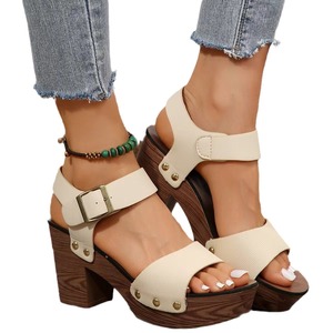 Sandalias de tacón alto gruesas de talla grande para mujer, novedad de verano 9901, zapatos de tacón alto con correa recta y remaches - Product Image 6
