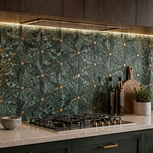 Mosaïque murale et de sol en marbre vert foncé luxueux sur mesure, en forme de fleur, avec incrustation en laiton brossé pour salle de bain et cuisine - Product Image 5