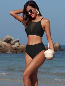 Damen High-Cut Halter Tankini Badeanzug mit Bauchkontrolle aus Spandex/Polyester, schnelltrocknend, mit gewaschenem transparentem Mesh, 2-teilig, Übergröße - Product Image 4