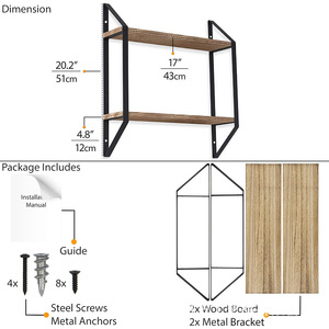 Two Tier Floating Wooden And Iron Storage Rack Wall Mounted Durable For Home Organization - Product Image 3
