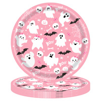 Nicro Offre Spéciale – Ensemble Assiettes, Gobelets et Serviettes Jetables Thème Horreur Rose (Fantôme, Crâne, Chauve-souris) pour 20 Personnes – Décoration de Fête d'Halloween