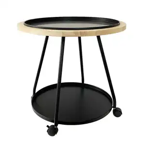 Meja kopi bulat Mini minimalis logam dan kayu, Meja samping kayu hitam dan alami dekorasi roda