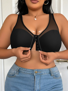 Soutien-gorge pour femmes élégant en maille noire, bonnet plein, grande taille, respirant, push-up, fermeture avant, sans armatures, pour femmes matures, XXL, gros <span class=keywords><strong>seins</strong></span> - Product Image 2