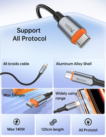 Kabel Data Yesido 1.2M Panjang 140W Pengisian Cepat Aluminium Alloy Tipe-C ke Tipe-C Semua Protokol CA212