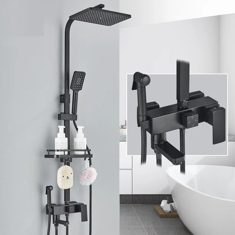 Usine en gros en laiton noir douche bain robinet ensemble baignoire robinet avec étagère de salle de bain 4 fonctions hauteur ajuster mélangeur de douche