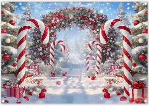 Decorazione di capodanno per albero di natale paesaggio invernale di neve sfondo personalizzabile di fotografia di caramelle di buon natale - Product Image 6