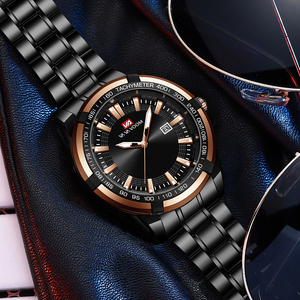 Montre d'affaires minimaliste pour hommes, bracelet en acier noir avec accent or rose, montre-bracelet pour messieurs - Product Image 2