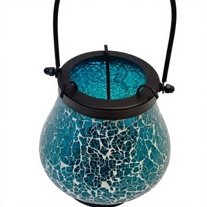 Blue <b>Mosaic</b> Glass Lantern With Black Metal Handle For Home Decoration - Product Image 1