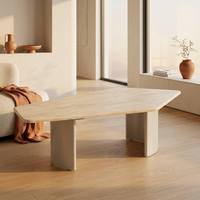 Table de salle à manger moderne de forme organique, plateau aspect travertin 1465 mm, grande table d'appoint pour la maison et l'hôtellerie, pieds courbés argentés