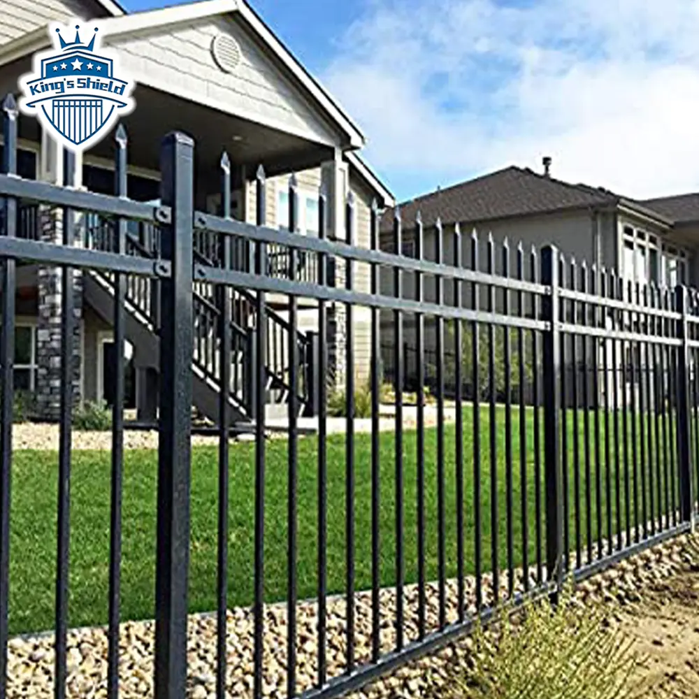 Outdoor cheap decorative modern backyard no dig fence metal 3 rail wrought iron galvanized steel fence for front yard