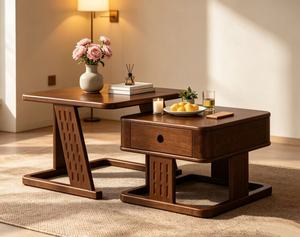 Nesting <b>Walnut</b> Wood <b>Coffee</b> <b>Table</b> Set with Storage Drawers for Living Room - Product Image 6