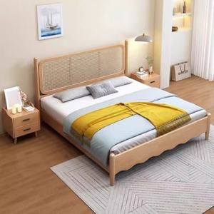 Lit en rotin et bois massif, mobilier sur mesure pour hôtel et appartement, lit double king size avec rangement, ensemble de meubles de chambre en bois - Product Image 5