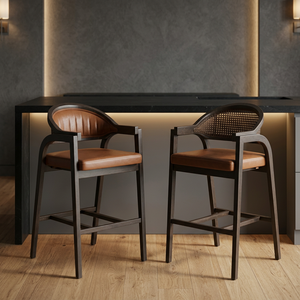 Chaise de bar moderne en rotin avec dossier, siège rembourré, structure en bois, chaise de salle à manger de hauteur comptoir pour hôtel et café - Product Image 3