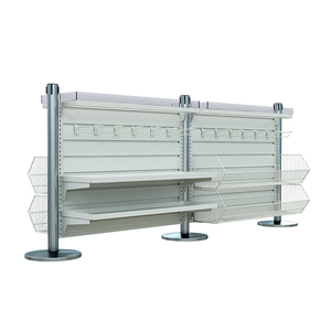 Retail Queue Line <b>Display</b> Rack Metal Slatwall Merchandising Shelf with Hooks and <b>Baskets</b> for Checkout Counter - Product Image 2