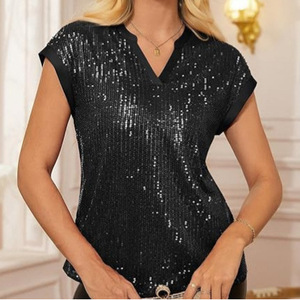 Haut à manches courtes à col en V pour femmes, orné de paillettes, couleur unie, polyester, tenue de soirée, or, blanc, noir, argent, bleu - Product Image 3