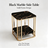 Table d'appoint à deux niveaux en marbre Nero Marquina de luxe avec cadre en métal noir minimaliste, meubles de salon écologiques et durables