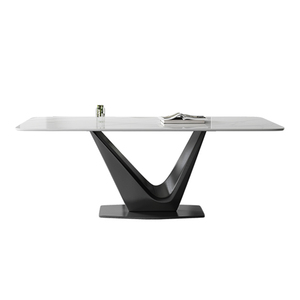 طاولة طعام وبار عصرية فاخرة بتصميم نورديك، قاعدة معدنية على شكل حرف V بتشطيب من الفولاذ المقاوم للصدأ وسطح من حجر الكوارتز المُلبد - Product Image 2