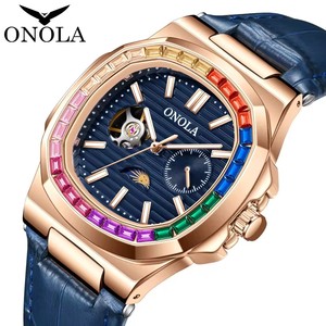 ONOLA 3855CH Reloj de lujo Manos luminosas Encanto Hombres Mecánico <span class=keywords><strong>Precio</strong></span> barato Moda Banda de cuero genuino Relojes automáticos para hombre - Product Image 4