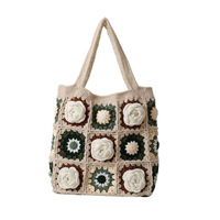 Tas Tote Rajut Tangan Desainer Unik Motif Bunga Benang Crochet Tas Selempang untuk Wanita