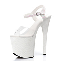 Nouvelles sandales d'été blanches pour femmes, à semelle épaisse, talon fin, bride de cheville fine, chaussures sexy pour pole dance, 20 cm (8 pouces), performance en boîte de nuit