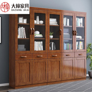 Okusu Furniture <b>Solid</b> Walnut <b>Wood</b> <b>Bookcase</b> With Drawers 5 Door Modern Chinese Style Home Library Storage Shelf - Product Image 5