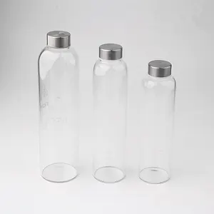 Custumozation büyük kapasiteli yuvarlak cam şişe tedarikçisi su şişesi metal vida kapaklı uzun borosilikat cam su şişesi