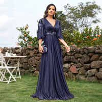 Robe de soirée formelle en mousseline de soie marine à paillettes, col en V, manches courtes volantées, applique florale 3D, taille empire, coupe trapèze, vente en gros