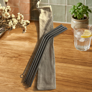 Reusable Metal <b>Drinking</b> <b>Straws</b> 4-Pack Minimalist Bar Accessories with Cleaning Brush in Cotton Bag - Product Image 4