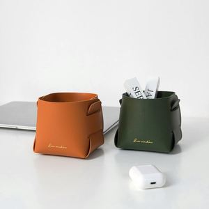 Elegant Small Catchall <b>Basket</b> for Bathroom PU Leather Storage Bins <b>Foldable</b> Rectangle Tray Organizer Box for Home Decor - Product Image 2