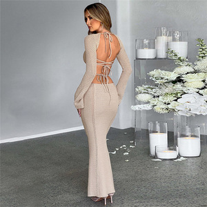 <span class=keywords><strong>SXE</strong></span> 2023 automne vêtements pour femmes nouveau Sexy col bas évider attaché mince longue robe - Product Image 1