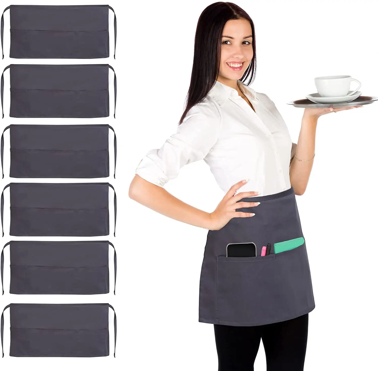 Falda personalizada para camarero de cocina, falda de cintura con 3 bolsillos, corbata larga, mezcla de algodón gris oscuro, delantal de servidor grande