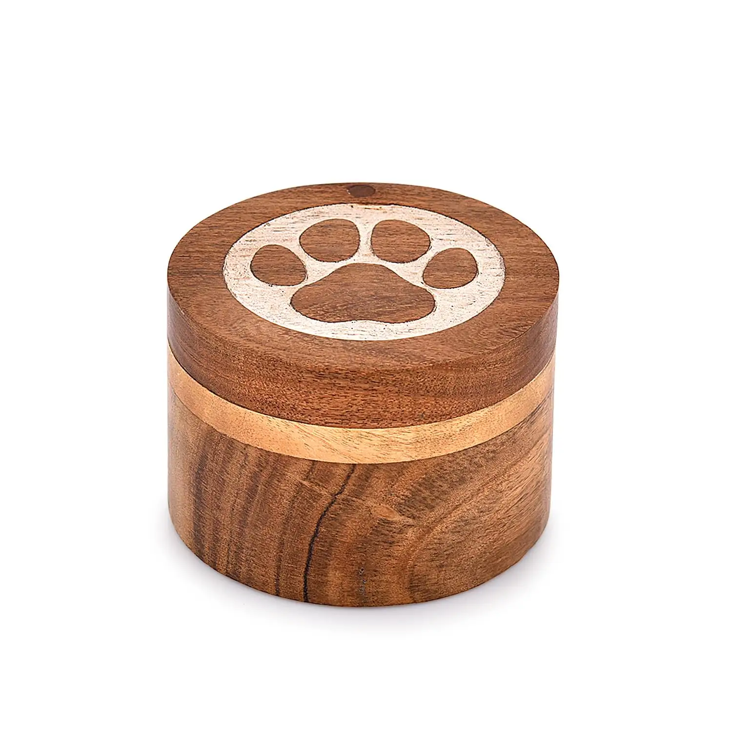 Acacia Wood Decorative Keepsake Box Round Shape White Paws Design Dogs Pet Urns for Cats