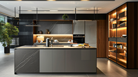 Meubles de cuisine modernes sur mesure en 3D, îlot de cuisine en acier inoxydable pour villa
