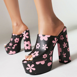 Sandales à talons hauts épais pour femmes, imprimé floral, bout ouvert, chaussures de soirée à plateforme épaisse - Product Image 1